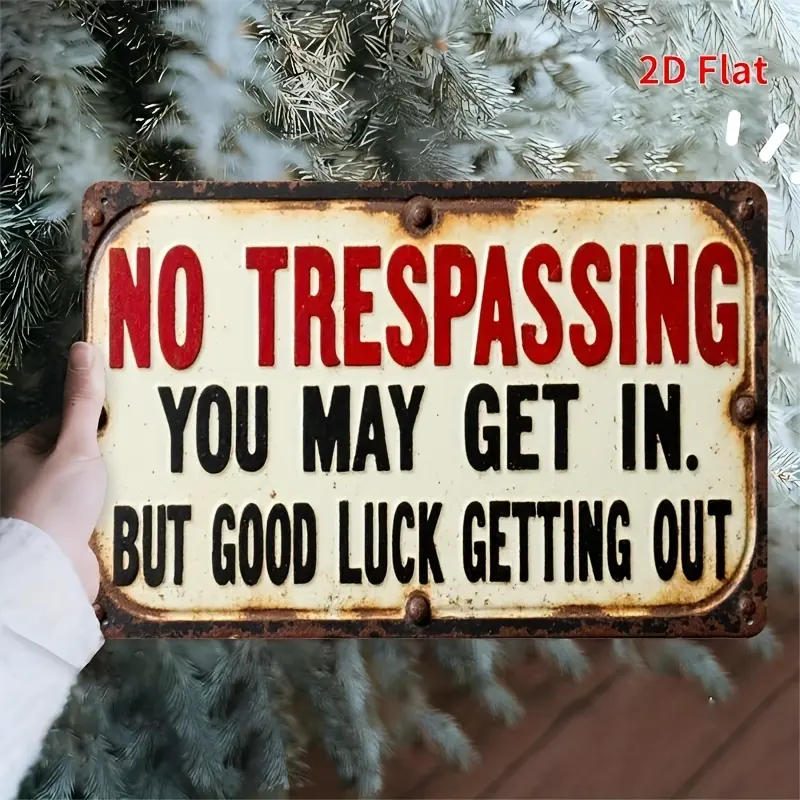 Vintage "No Trespassing" Metal Wall Sign, 2D Flat Rustic Tin Decor, Distressed Red Retro Plaque for Bar, Cafe, Farmhouse, Backyard – 8x12 Inch