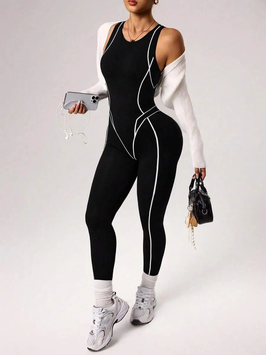 LUNA LAYER Womens Seamless Activewear Jumpsuit Stripe Line Athleisure Gym Jumpsuit