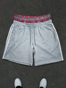 Y2K American Street Style Two-Piece Sweatpants, Plaid Patchwork Side Stripes, Unisex Athletic Casual Daily Wear, Loose Fit H-Type Shorts