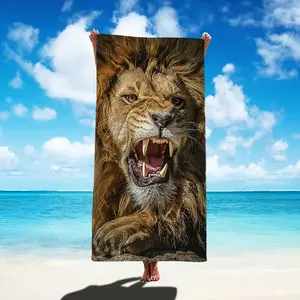 Lion Pattern Ultrafine Microfiber Beach Towel, High Absorbency, Rectangular, Machine Washable, Polyester, Summer, Bath Towel