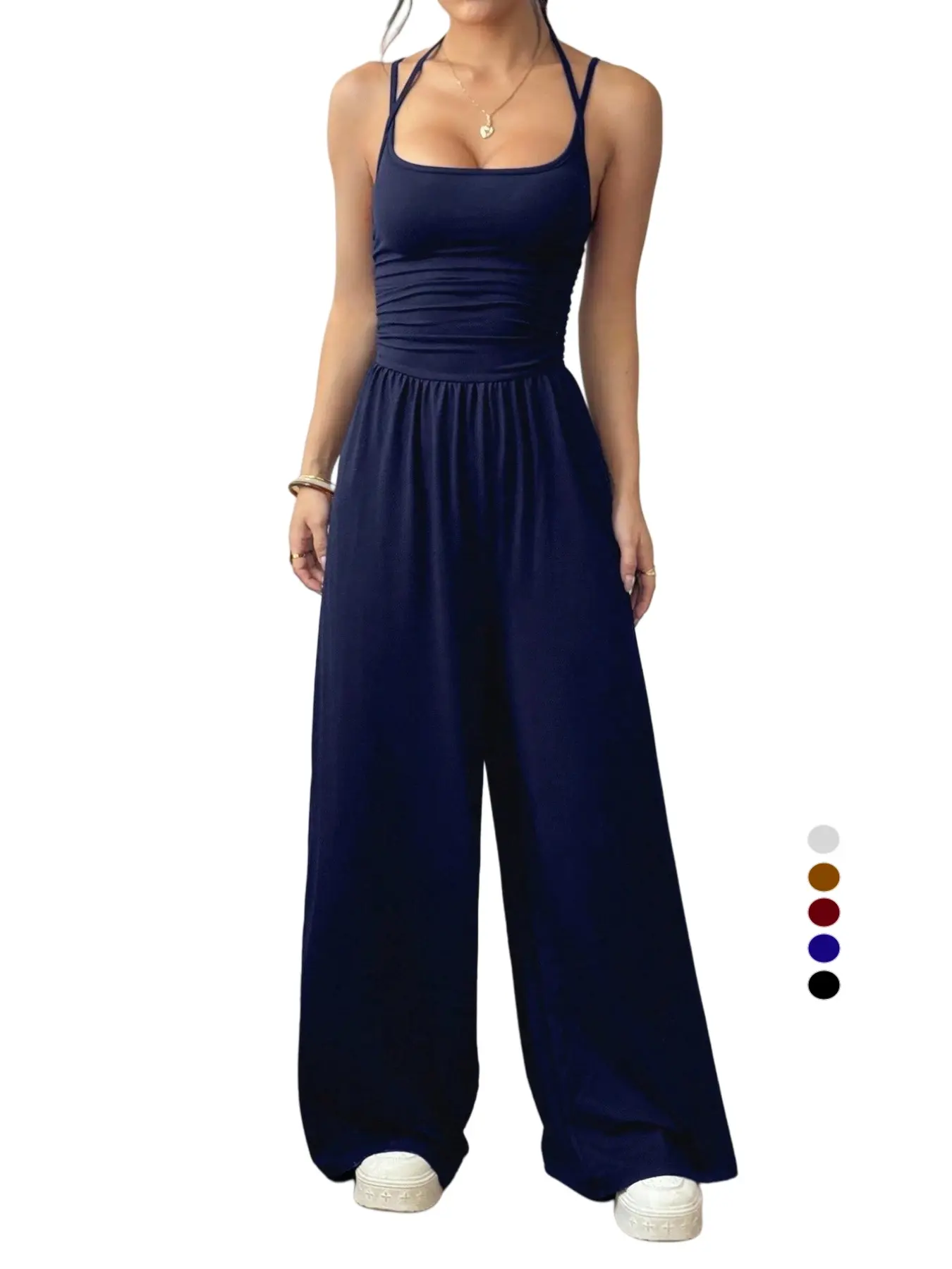 Square Neck Double Strap Spaghetti Strap Jumpsuit Womenswear, Spring Summer Trendy Solid Basic Casual Minimalist One-Piece, Fall Winter Coat Essential, Slim-Fitting Sexy Style