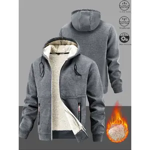 Men's Winter Sherpa Hooded Jacket, Thick Warm Zip-Up Hoodie, Casual Solid Color, 100% Polyester, Slight Stretch Knit Fabric, Loose Fit, Winter Clothing