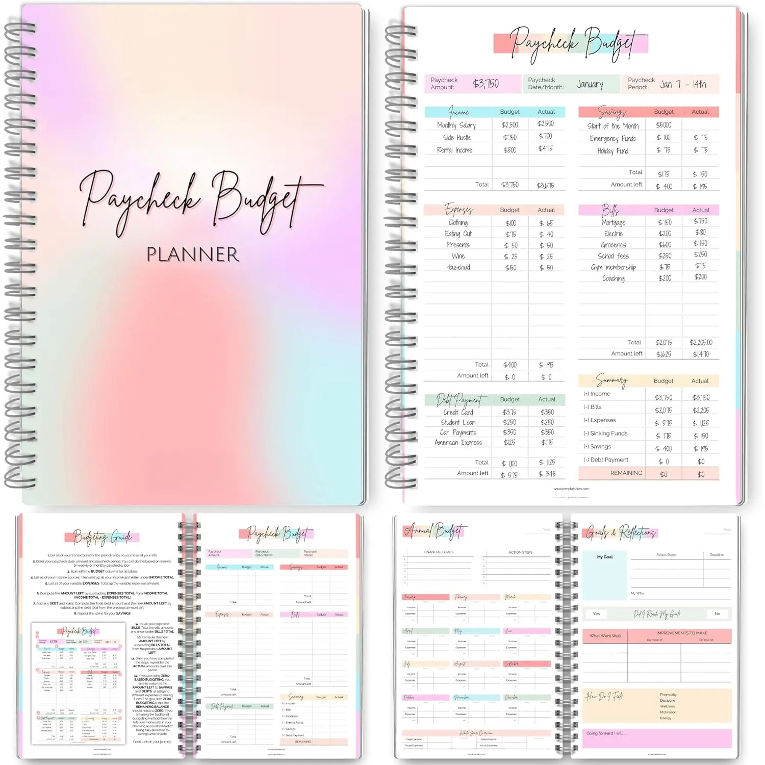 A5 Rainbow Paycheck Budget Planner Notebook - Undated Office Stationery Supplies, Thick Paper, Reusable Comprehensive Financial Organizer with Easy-to-Follow Guide, Flexible Budgeting Options for Bi-Weekly, Monthly Tracking, Annual Budget Planner