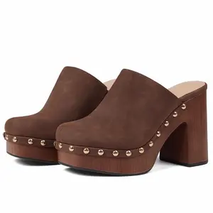 Vintage Retro Women's PU Leather Suede Mules with ABS Chunky Heel Rivet Platform Clogs Slip-On Shoes