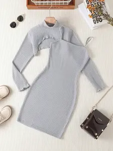 Girls' Stylish Girly Long Sleeve Pullover Top and Knitted Strap Dress Set, Trendy Casual for Girls, Perfect for Any Occasion
