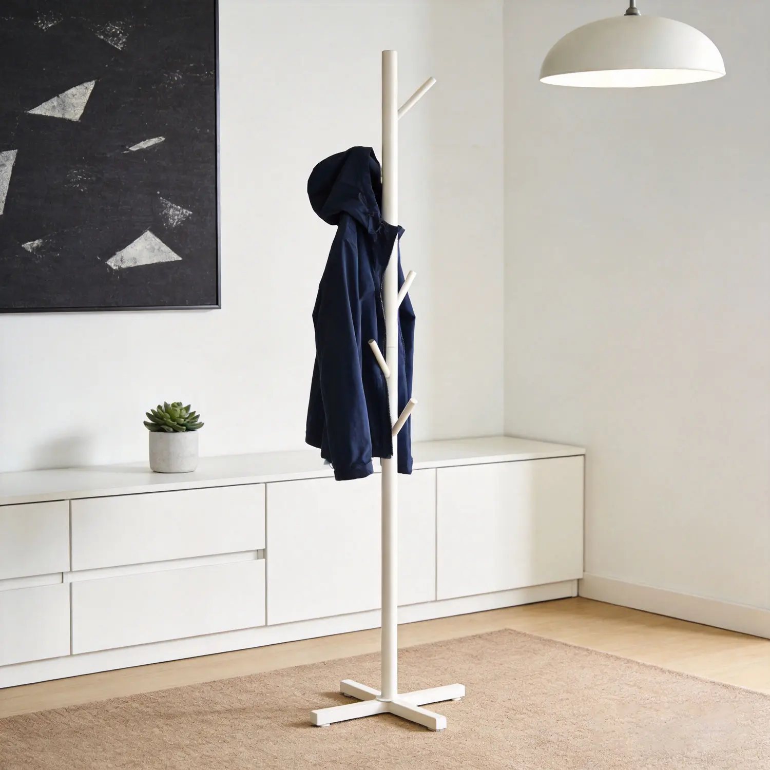 White Modern Coat Rack – 6-Hook Freestanding Organizer for Entryway, Space Saving Coat Tree for Jackets, Hats, Bags & Scarves