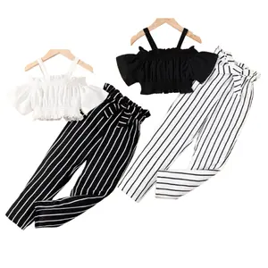 Kids Fashion Ready Stock Teen Girl Clothes Big Girls Outfits Strpas Crops Tops Elastic Stripe Pants 2Pcs Clothes Set White 112211609 washed black