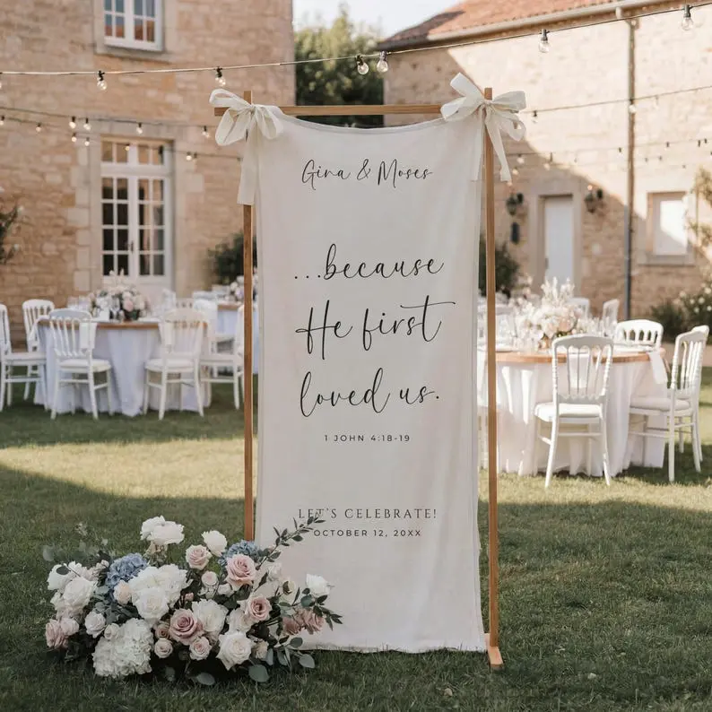 Custom Bible Verse Linen Wedding Welcome Sign, Church Wedding Banner with Scripture, Personalized Quote Fabric Reception and Ceremony Decor