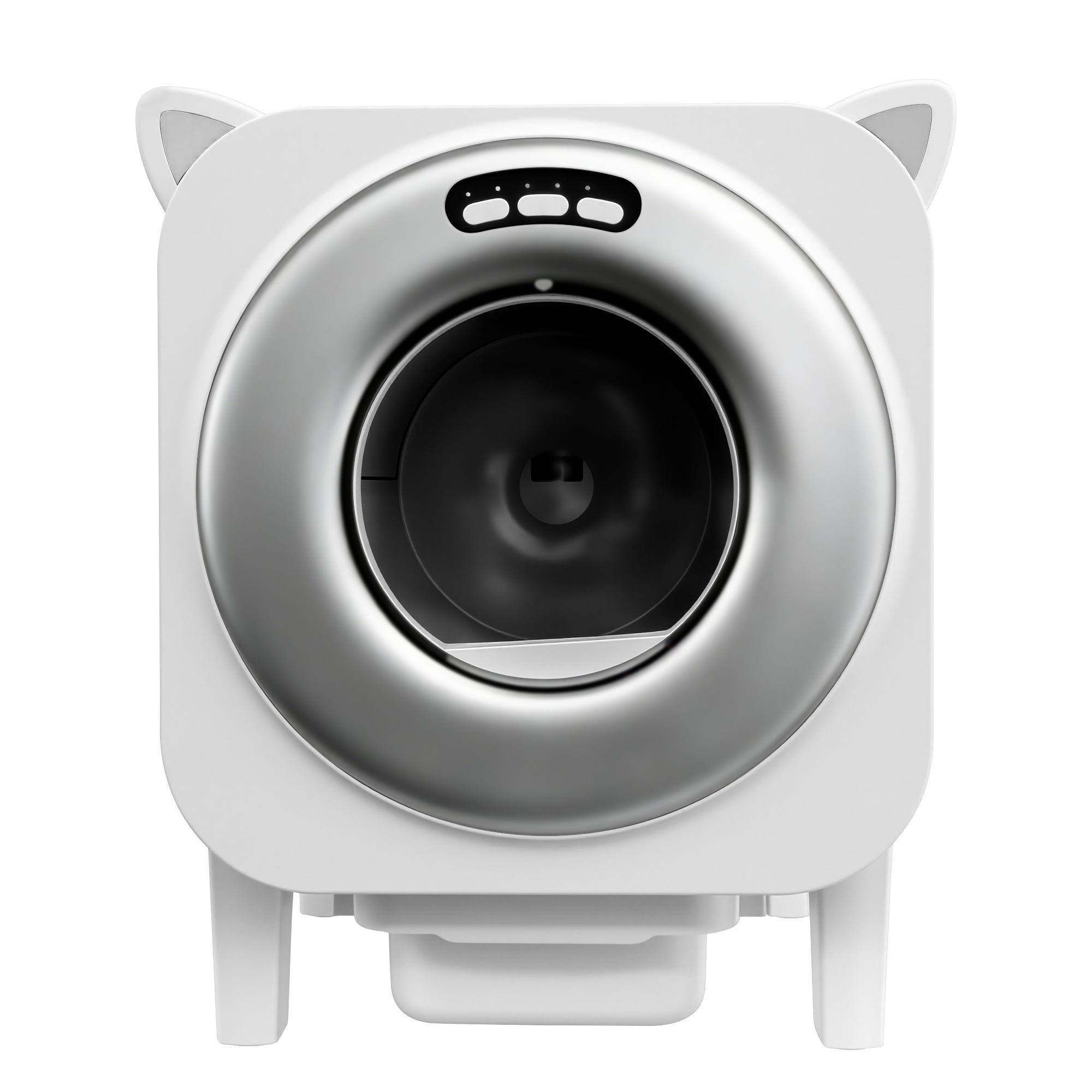 65L large-capacity smart automatic cat litter box, accommodates up to 8 kg large cats, 10 L waste collection bin, app-controlled remote operation, odor control and antibacterial features, one-touch smart litter replacement