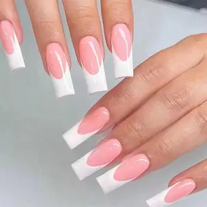 French Nail Tips, Medium Square Fake Nails, Glossy Skin Tone Reusable Full Set, Artificial Summer Nails Gel for Women Girls, 24 Pieces