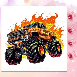 5D DIY Full Drill Round Diamond Painting - Diamond Art Kit Monster Truck, Car, Flames, Cool Mosaic, Canvas - DIY Decorative Painting, Home Wall Decor, Suitable for Halloween and Christmas, Birthday and Anniversary Gifts