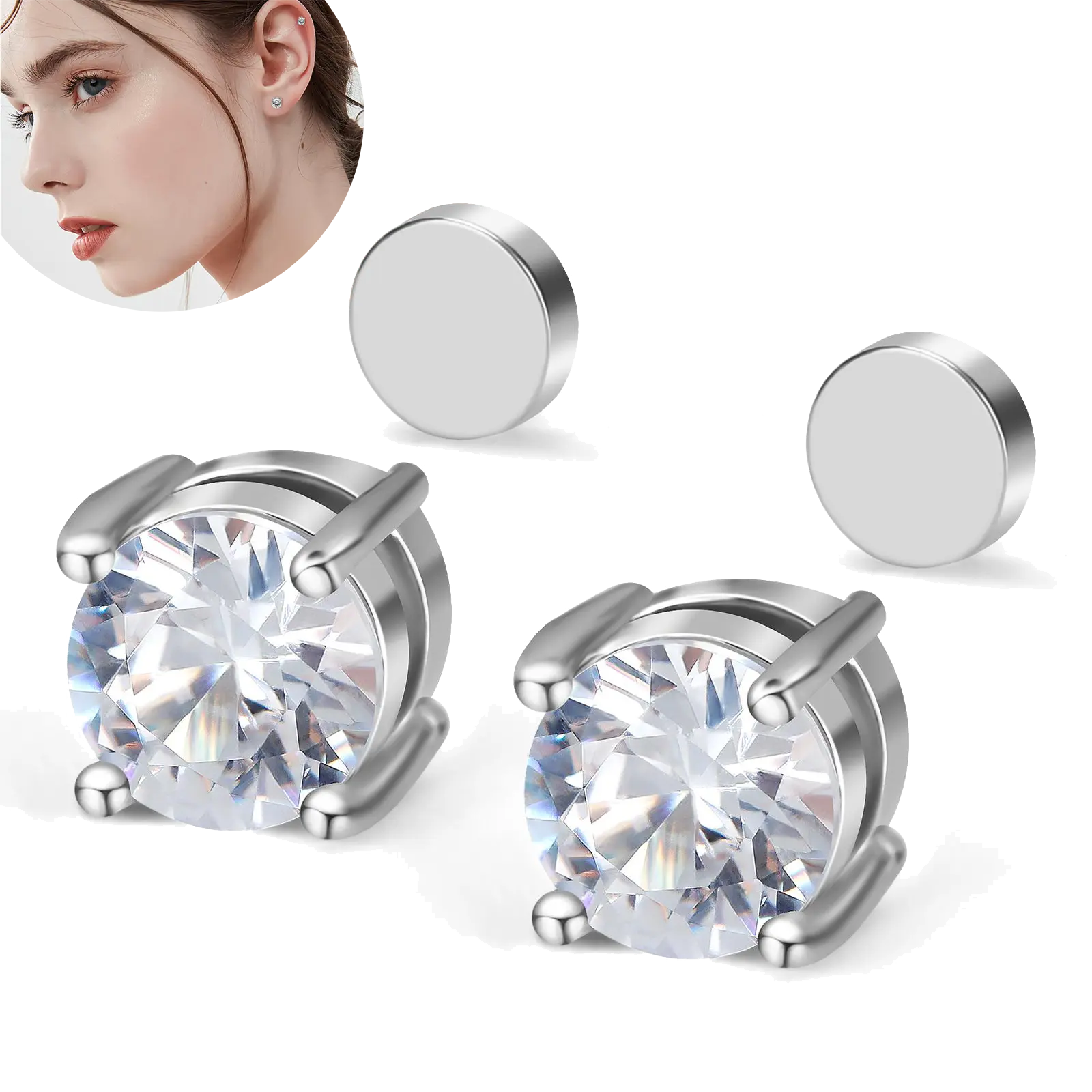 1/2 Pairs Stainless Steel Magnetic Stud Earrings for Women Men Clip on Earring Magnetic Earring Unisex Non Piercing CZ Magnet Studs Diamond Earrings