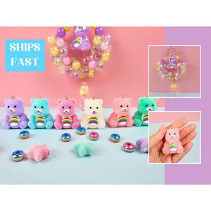 Fuzzy Pastel Rainbow 80s Cartoon Bear Pendant – Fuzzy Resin Kawaii Bear Pendant – 90s Nostalgia Novelty DIY Keychain Retro 80s Kid Beads