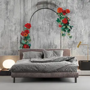 Gray Concrete Floral Wall Mural Peel and Stick Wallpaper Red Flower Arch Removable Self Adhesive 8 Panels Large Wall Decor for Bedroom Living Room