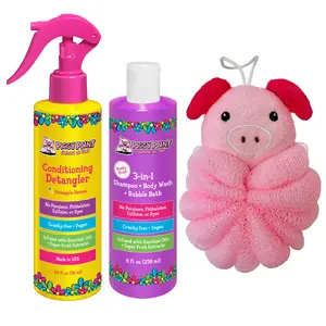 Piggy Paint Squeaky Clean Set - 3-in-1 Shampoo Body Wash Bubble Bath & Pineapple Banana Detangler & Piggy Pouf- Cruelty-Free Vegan