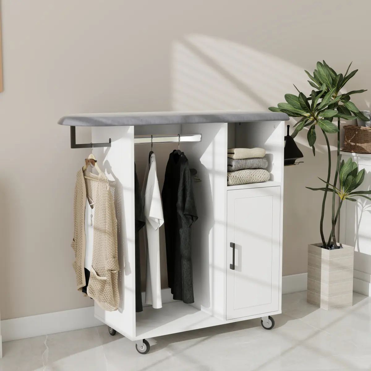 Ironing Cart with Rolling Ironing Board, Multipurpose Ironing Cabinet with Wheels, Compact Ironing Solution for Laundry Room, Bedroom,Cloakroom-White