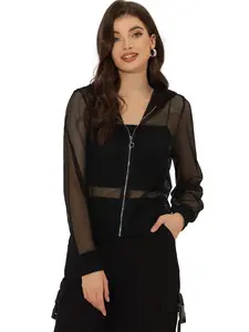 INSPIRE CHIC Hoodie Jacket Zip Up Long Sleeve Casual Polyester Mesh Sheer Bomber Jackets