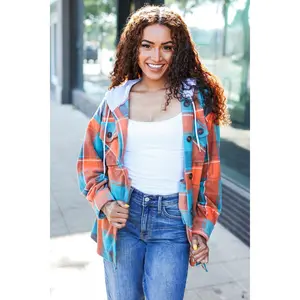 Stand Out Teal & Orange Plaid Fleece Hoodie Shacket