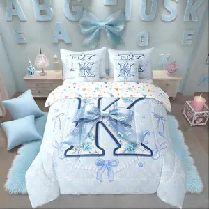 7Pcs Blue Coquette Bow Bedding Coquette Bowknots Bed Set,Girls Kids Teens Fantasy Aesthetic Preppy Duvet Insert Initial Bow Gifts Her/Mom/Daughter( Bed Set