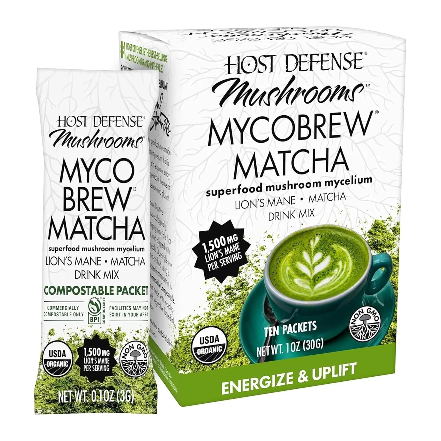 Host Defense MycoBrew Matcha Drink Mix with Organic Matcha Green Tea & Lion’s Mane Mushroom Mycelium, 24mg Caffeine, 10 Packets, 10 Servings