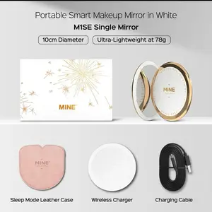 Portable Smart Makeup Mirror with LED Light White 10cm Diameter Ultra-Lightweight at 78g Includes Sleep Mode Leather Case Wireless Charger & Charging Cable