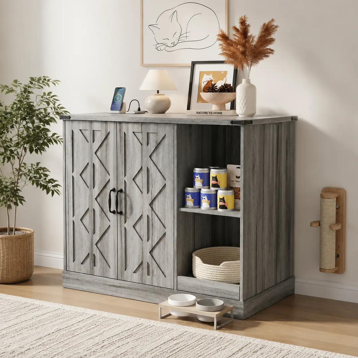 littleox Cat Litter Box Cabinet with Power Outlet, Modern Litter Box Furniture for Large Automatic Litter Boxes, Hidden Litter Box Enclosure with Litter Catcher, Adjustable Storage Shelves, Gray
