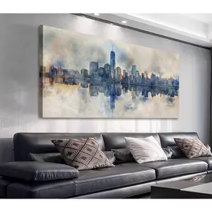 New York City Canvas Wall Art Navy Blue Pictures Abstract Paining City Reflection in Water Canvas Painting Modern City Skyline Canvas Prints Artwork for Living Room Bedroom Office Wall Decor 20" x 40"