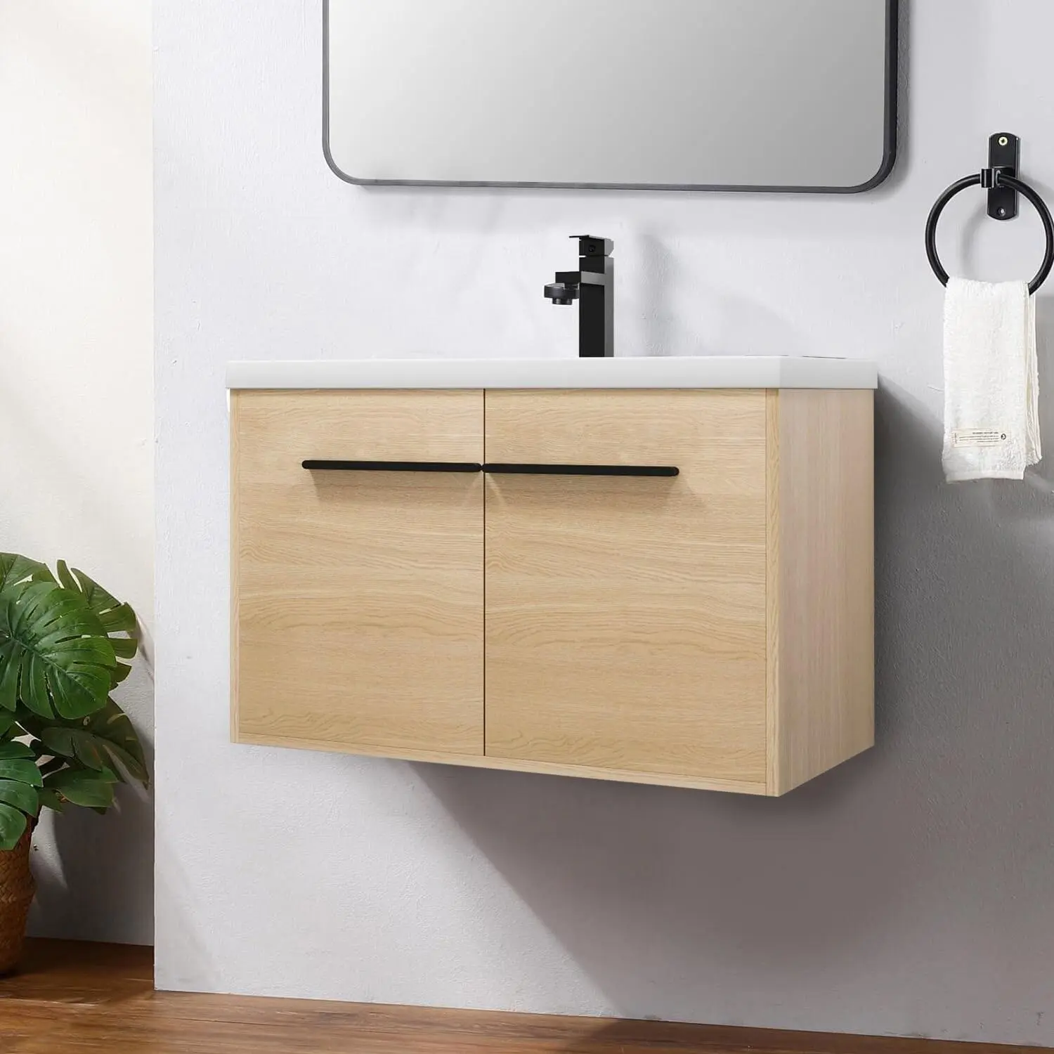 Classic Farmhouse Style 30 Inch Wall-Mounted Wooden Bathroom Vanity with Resin Countertop Sink
