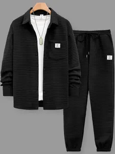 Plus Size Men's Black Waffle Textured 2-Piece Casual Set, Classic - Long-Sleeve Lapel Shirt with Chest Pocket + Elastic Drawstring Waist Jogger Pants, Soft Stretch Fabric, Minimalist Style, Ideal for Casual Outings, Weekend Hangouts & Seasonal Layering