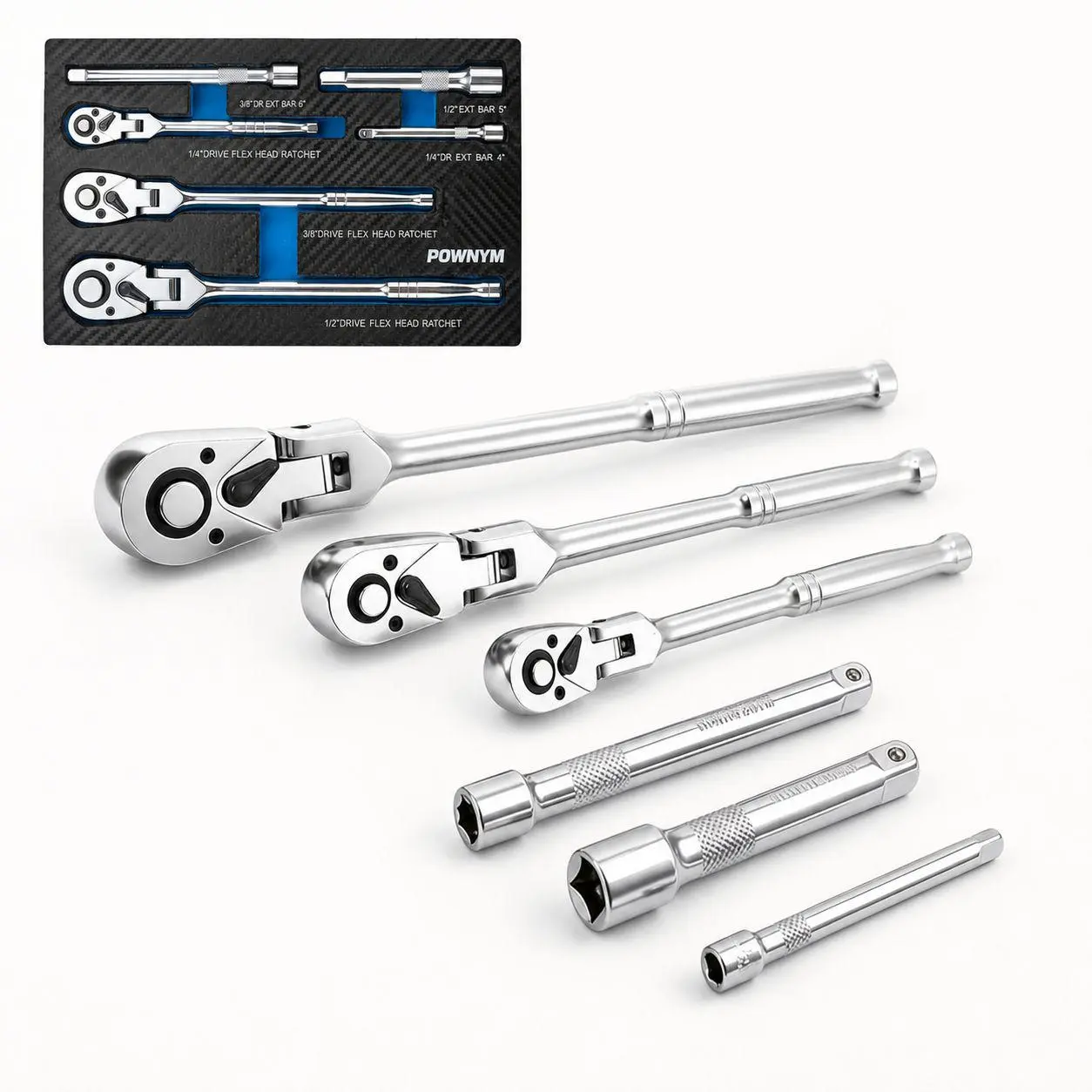 6-Piece Flex Head Ratchet Set, 1/4", 3/8", 1/2" Drive, Swivel Head Ratchet Wrench with Extension Bar, 72 Tooth, 180° Adjustable, Quick-Release, Flexible Ratchet Handle with EVA Foam