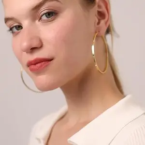 50mm Gold Flat Thin Hoop Earrings for Women – 14K Gold Plated Hypoallergenic S925 Sterling Silver Post, Large Minimalist Circle Hoops, Funky Unique Accessories Jewellery for Daily Party & Wedding Wear