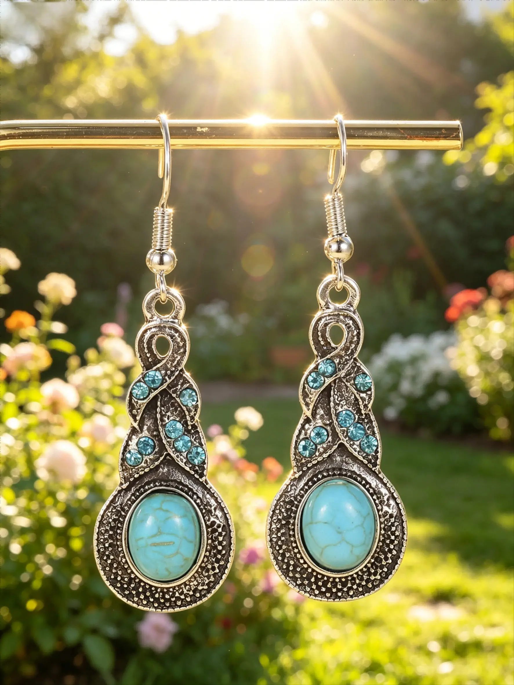 Vintage Turquoise Teardrop Shape Earrings, Unique Western Boho Style Elegant Silver Color Dangle Design Earrings, Perfect for Women's Daily and Festival Wear Jewelry