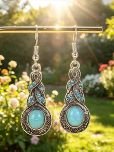 Vintage Turquoise Teardrop Earrings, Western Bohemian Silver Color Dangle Earrings, Perfect for Women's Daily and Festival Wear