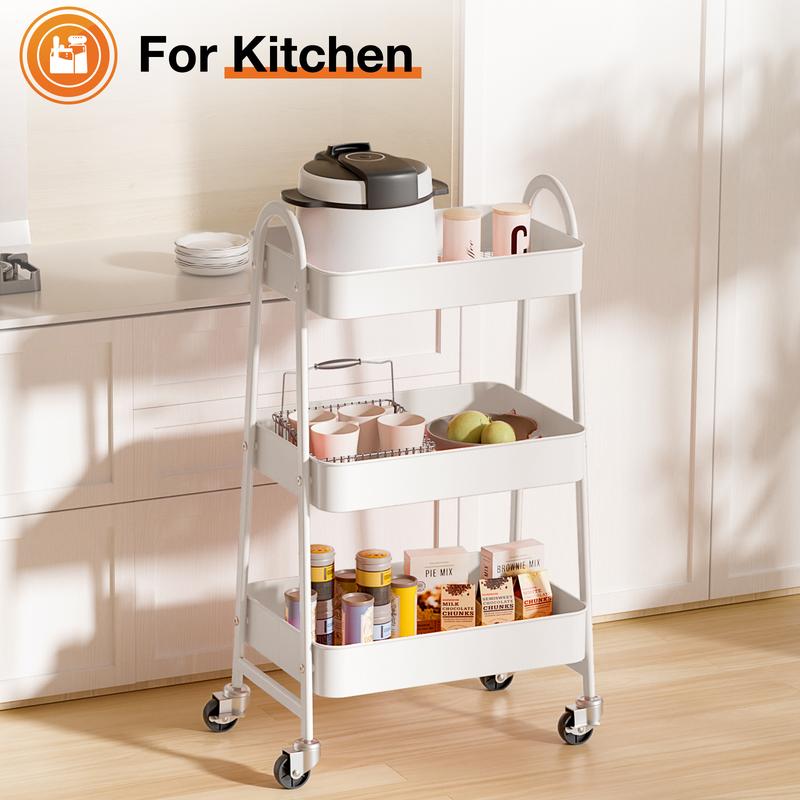 3 Tier Metal Storage Utility Cart with Wheels - Kitchen Storage Trolley, Rolling Bathroom, Casters for Narrow Spaces, Ideal for Bedside Use