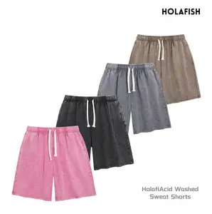 Holafish Unisex Acid Washed Sweat Shorts 260G Cotton Athletic Elastic Waist Drawstring Gym Workout Jogger Pants with Pockets Premium Comfort Softness Functional Adjustable Design