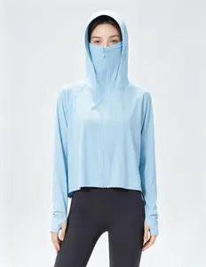 Women's UPF 50+ Cropped Sun Protection Hoodie Jacket - Full Face Mask Coverage, Cooling UV Shield, Lightweight Breathable Quick Dry, Thumb Holes - Outdoor Shirt for Cycling, Driving