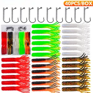 40pcs Soft Lure Bait Set with Lead Head Hooks, Salted Smelly Bass Catfish Fishing Gear, Complete Soft Fishbait Kit
