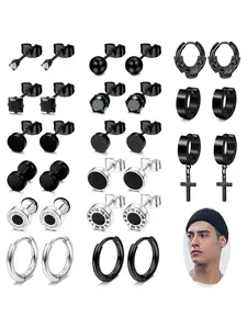 15 Pairs Black Cool Stainless Steel Stud Hoop Earrings for Women Men Huggie Dangle Hinged Cross Earrings Unique Small Plain Stud Hoop Earrings Body Piercing Jewelry Set Hoop Earring Sets