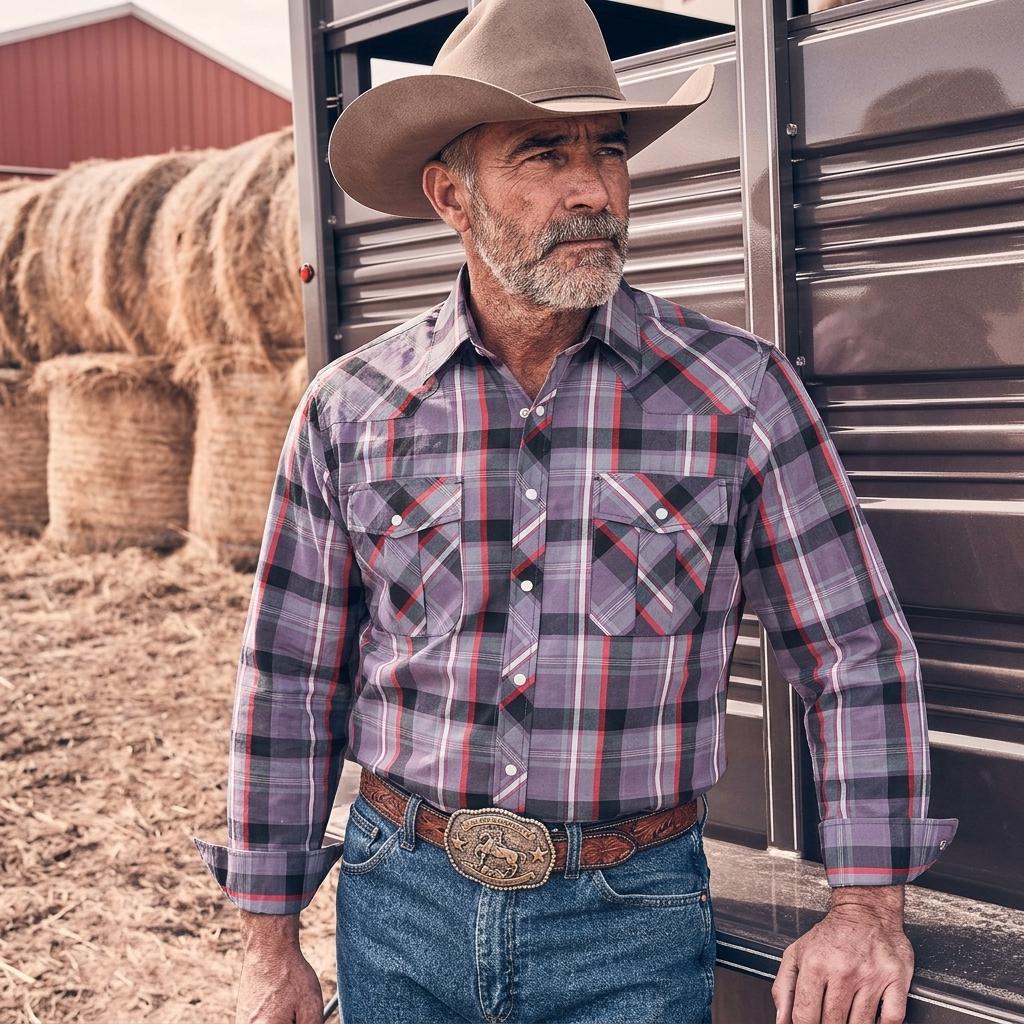 Summer Vibes Men's Western Pearl Snap Plaid Cowboy long sleeve shirt Lightweight Breathable Classic Fit Ranch Rodeo Country Concert Outfit,back to school,clothes for back to school,first day of school outfits