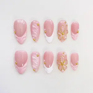 Pink Almond Press On Nails: Gold Flower French Tip, Elegant Spring Nails
