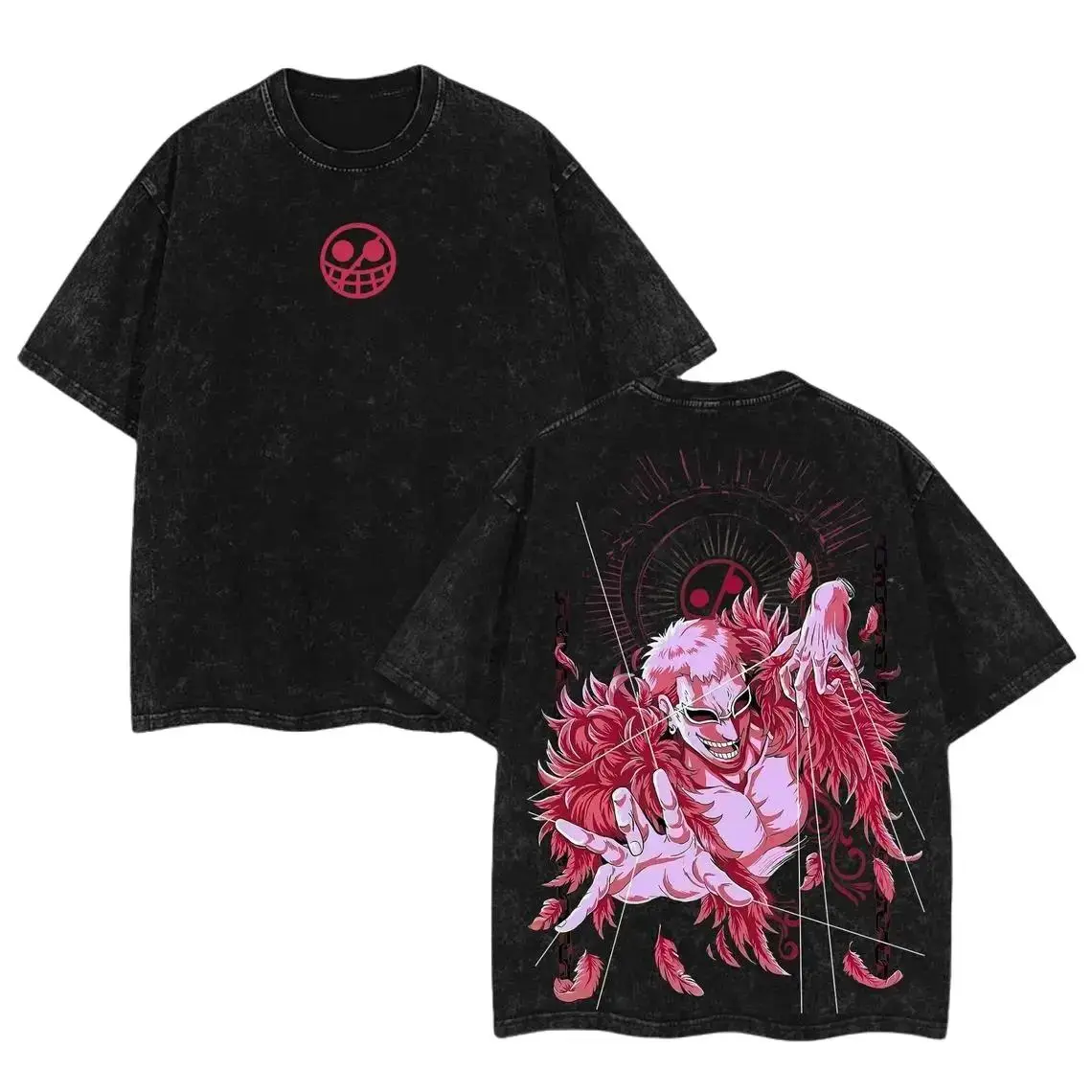 One Piece Doflamingo Jolly Roger Vintage Acid Wash Shirt Oversized Anime Graphic Tee Manga Merch