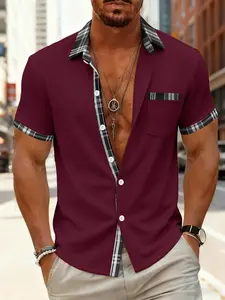 Men's Trendy Textured Colorblock Short Sleeve Shirt Tops, Plaid Collar + Single Pocket Design, Summer Casual Commute Men's Clothing, Menswear