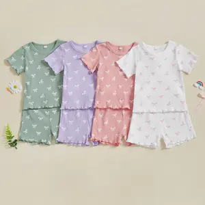 Afunbaby Toddler Baby Girl Bow Ribbed Outfits Set Lettuce Trim Daisy Short Sleeve Tops T shirt Shorts 2 Piece Summer Clothes Set
