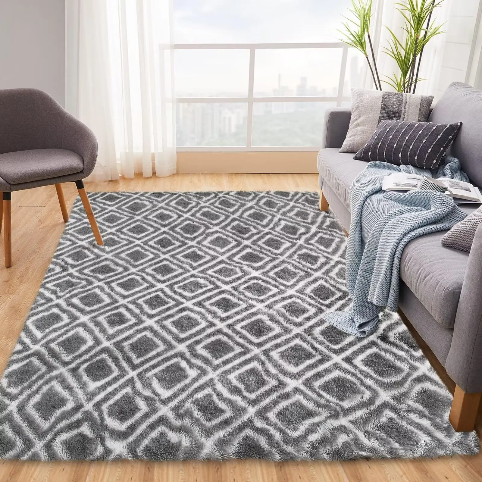 GARVEE Shag Rugs: Plush, Soft, Non-Slip Area Rugs for Living Rooms, Bedrooms, and Nurseries. Available in Various Sizes (2x6, 2x8, 5x8, 6x9, 8x10) and Colors (Grey, White, Black). Modern Geometric Design.