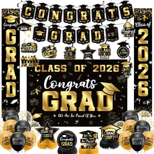 HEWUAUL 2026 Graduation Decorations Set Black Gold Congrats Grad Banner Backdrop Porch Sign Hanging Swirls Honeycomb Centerpieces Balloons for Grad Party Decorations Gold