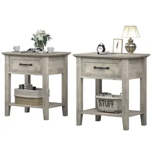 [FLASH SALE] Garvee Square Nightstand Set of 2, End Table with Drawer, Side Table for Spaces, 2 Tiers Storage Shelves with Dresser, Bedside Table for Living Room, Bedroom, Dorm, Gray