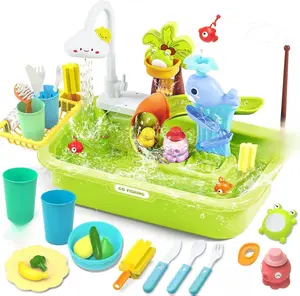 Kids Play Sink with Running Water & Electric Faucet, 4-in-1 Kitchen Sink Toy with Fishing Game, Pretend Play Kitchen Toy Accessories, Role Play Dishwasher Toys for Toddlers Boys Girls Green
