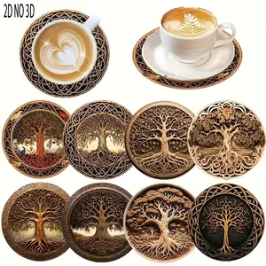 2D Flat - 8-Piece Minimalist Style Wooden Coaster Set - Non-Slip Tabletop Protection and Decorative Wooden Art Coasters, Suitable for Gifting, Heat-Resistant and Non-Slip Table Mats, Kitchen Supplies, Kitchenware, Minimalist Tree of Life Design, Home