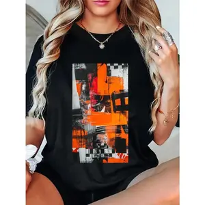100% Cotton Unisex Graffiti Orange Abstract art Modern Colors T-Shirt Casual Top