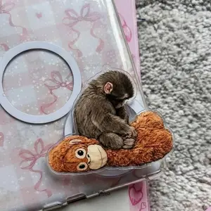 Aesthetic Sleeping Monkey Phone Grip, Wholesome Bear and Monkey Acrylic Stand, Cozy Gift for Best Friends, Animal Lover Mobile Accessory, Kawaii Grip Tok, Unique Wholesome Art Holder